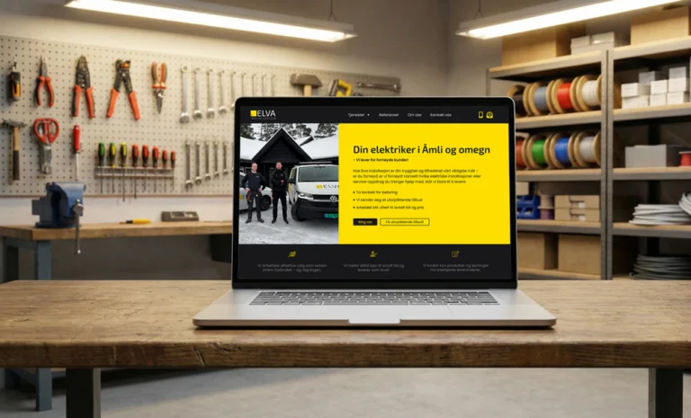 Nettside for Elva Installasjon vist på laptop – elektriker i Åmli